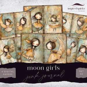 Mond Junk Journal Kit, Mond Mädchen Papiere, schrullige Puppen, 6 digitale Journal Seiten, druckbare Ephemera, Papierkunst, Collage Sheet 11 x 8,5