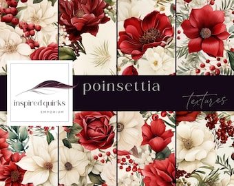 Poinsettia Digital Papers, Christmas Floral Pages, Digital Download, Garden Junk Journal, December Botanical Textures, Flower Scrapbooking