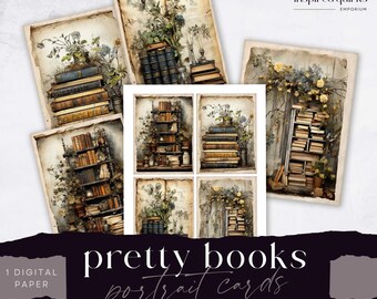 Boekenstapel Junk Journal Card Pack, vintage bloem kortstondig, digitale bibliotheekpagina, afdrukbare kortstondige, Paper Craft, collagevel 8,5 x 11