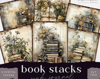 Boeken en bloemen ongewenste dagboekpagina, stapel bibliotheekboeken, 6 digitaal dagboekpapier, afdrukbaar bibliotheekkunstwerk, vintage collageblad 8,5 x 11