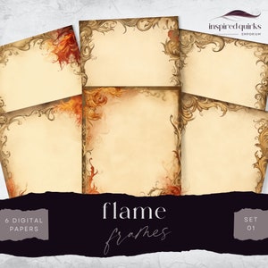 Pages avec bordure flammée, cadre orné de feu de camp, papier journal indésirable, 6 feuilles de collage numérique, créations en papier, arrière-plan décoratif scrapbooking, fantaisie