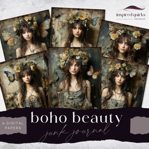 Boho Beauty Junk Journal Seite, Vintage Girl Hintergrund, 6 Digitales Journalpapier, Printable Whimiscal Ephemera Craft, Collage Sheet 8,5 x 11