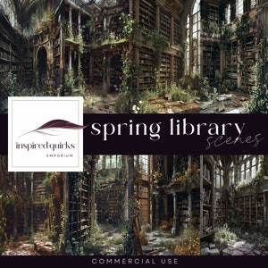 Spring Library Digital Backdrop, Bookcase Background, Bookish Overlay, Librarian Illustrations, Book Junk Journal, Overgrown Garden Scene