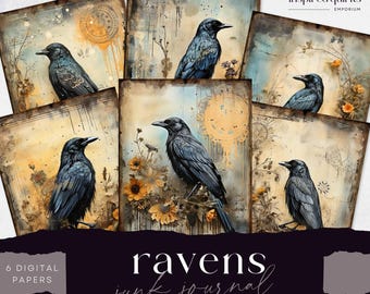 Raven Junk Journal, Blackbird Page, 6 Digital Journal Paper, Printable Gothic Crow Ephemera, Paper Craft, Full Moon Collage Sheet 8.5 x 11