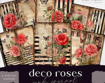 Tall And Skinny Junk Journal Printables, Art Deco Rose Papers, Digitale Journaalpagina's, Grillige Efemere, Papierkunst, Gestreept Collageblad, Digitale Dagboekpagina's, Printables