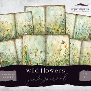 Wild Flower Junk Journal Page, Wild Floral 6 Digital Journal Paper, Printable Ephemera, Paper Craft, Collage Sheet 11 x 8.5, Scrapbook