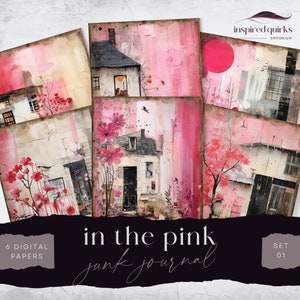 Mixed Media Houses Junk Journal Paper, Vintage 6 Digital Journal Paper, Printable Pink Ephemera, Street Paper Craft, Collage Sheet 8,5 x 11