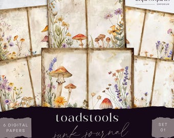 Mushroom Junk Journal Printable, Vintage Toadstool, 6 Digital Journal Paper, Printable Ephemera, Garden Paper Craft, Collage Sheet 11 x 8.5