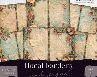 Flower Border Junk Journal Pages, Vintage Floral 6 Digital Journal Paper, Printable Ephemera, Paper Craft, Collage Sheet 11 x 8.5, Scrapbook