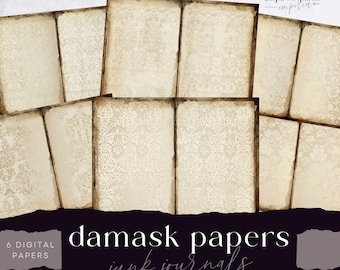 Damask Junk Journal Pages, Vintage 6 Digital Journal Paper, Victorian Printable Ephemera, Plain Paper Craft, Collage Sheet 11 x 8.5