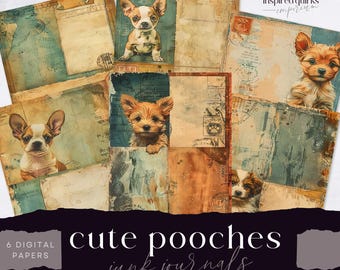 Cute Puppy Junk Journal, Sweet Dog Digital Paper, 6 Digital Journal Pages, Printable Whimsical Ephemera, Paper Craft, Collage Sheet 11 x 8.5