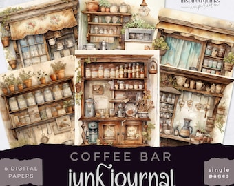 Cafe Bar Junk Journal, Vintage Küche Regal Papiere, DIGITALER DOWNLOAD, Kaffee Scrapbooking Papier, Kaffee Liebhaber Seiten, Barista Journaling
