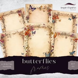 Butterflies And Flowers Border Pages, Floral Frame, Junk Journal Paper, 6 Digital Collage Sheet, Paper Craft, Scrapbooking Meadow Background