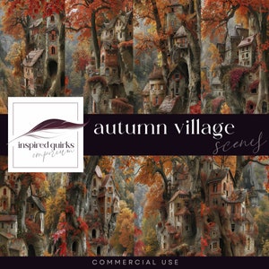Autumn Village Backdrop, Fantasy Digital Background, Woodland Overlay, Forest Scenery, Fall Trees Illustration, Seasons Junk Journal