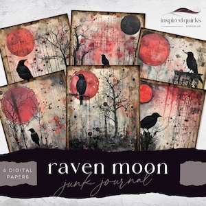 Raven Junk Journal, Blackbird Page, 6 Digital Journal Paper, Printable Gothic Night Ephemera, Paper Craft, Full Moon Collage Sheet 8.5 x 11