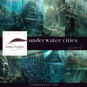 Underwater Digital Background, Ocean Backdrop, Fantasy Sea Overlay Scenes, Under Water Cities Illustration, Deep Sea Junk Journal Pages