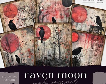 Raven Junk Journal, Blackbird Page, 6 Digital Journal Paper, Printable Gothic Night Ephemera, Paper Craft, Full Moon Collage Sheet 8.5 x 11