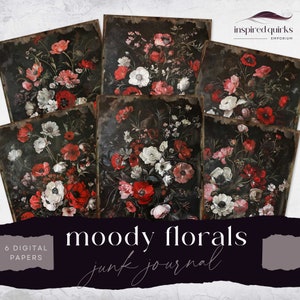 Red and Black Floral Junk Journal Pages, Gothic Flower Backdrop, 6 Digital Journal Paper, Printable Ephemera Craft, Collage Sheet 8.5 x 11