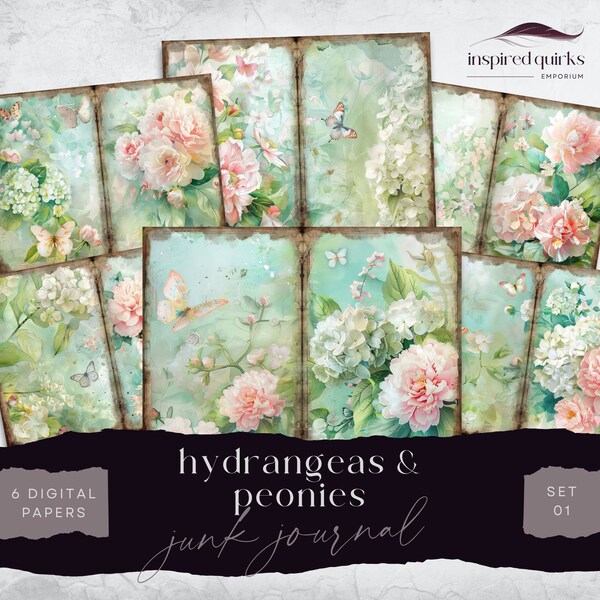 Junk Journal Digital Hydrangeas, Floral Peonies 6 Digital Journal Paper, Printable Ephemera, Paper Craft, Collage Sheet 11 x 8.5, Scrapbook