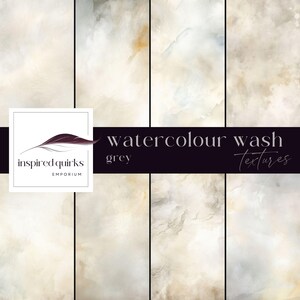 Peut inclure: Collection de textures de lavis d'aquarelle grises, avec des variations subtiles de couleur et de ton. L'image comprend le texte "watercolour wash grey textures" et le logo "inspired quirks emporium".