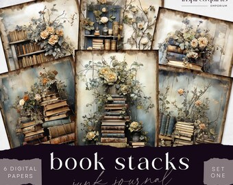 Boeken en bloemen ongewenste dagboekpagina, vintage boekenstapel, 6 digitaal dagboekpapier, afdrukbaar bibliotheekkunstwerk, bibliotheekcollageblad 8,5 x 11