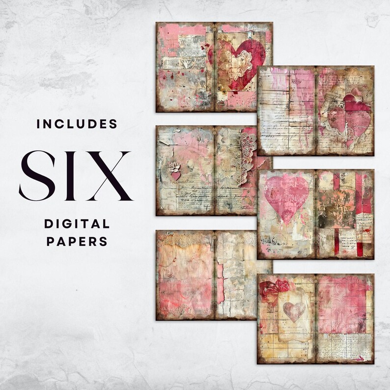 Vintage Love Letters Junk Journal, Hearts 6 Digital Journal Paper, Printable Ephemera, Paper Craft, Collage Sheet 11 x 8.5, Scrapbook Pages image 2