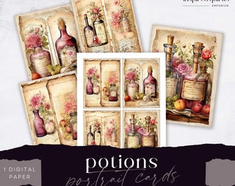 Potion Junk Journal Card Pack, Vintage Bottles Ephemera, Apothecary Digital Page, Printable Ephemera, Paper Craft, Collage Sheet 8.5 x 11