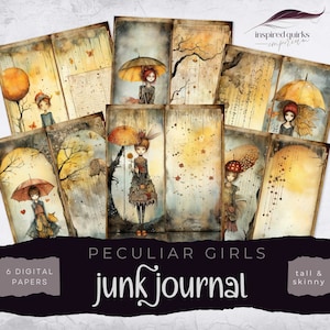 Quirky Girl Junk Journal, Tall And Skinny Digital Papers, Whimsical Journal Pages, Peculiar Ephemera, Paper Craft, Scrapbook Collage Sheet