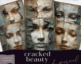 Diario digital imprimible con retratos basura, papel Vintage Beauty 6, efímera imprimible, papel agrietado, hoja de collage de 8,5 x 11 pulgadas