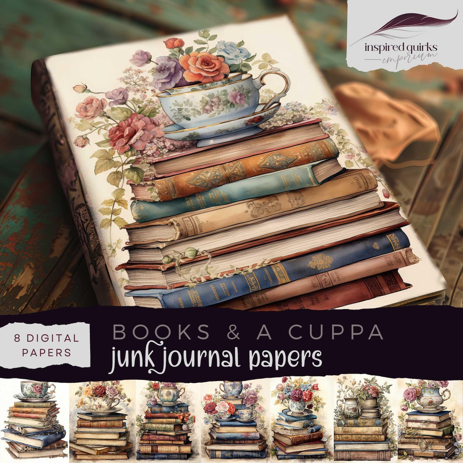 Flower Book Pile Junk Journal Pages, Digital Journal Paper, Vintage Tea ...