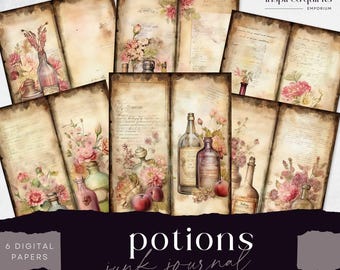 Potion Junk Journal Digital Paper, 6 Digital Journal Tall and Skinny Pages, Printable Ephemera, Paper Craft, Floral Collage Sheet 8.5 x 11