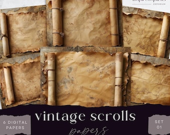 Carte vintage parchemins, 6 feuilles de journal numérique, documents éphémères imprimables, créations en papier, arrière-plans de scrapbooking, toile de fond de journal usée