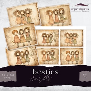 Beste Freunde Junk Journal Card Pack, Whimsical Girls Ephemera, schrulligen Puppen Digital, Printable Ephemera, Papiermodelle, Collage Sheet 8,5 x 11