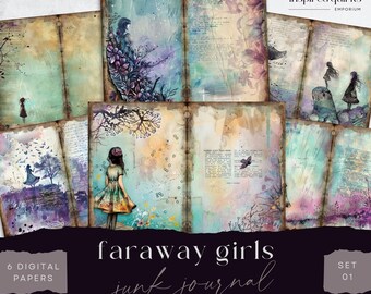 May include: A collection of six digital papers with a vintage aesthetic. The papers feature watercolor illustrations of girls, birds, and floral elements, with a color palette of blues, greens, and purples. The text "faraway girls junk journal" is displayed.