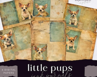 Cute Puppy Junk Journal, Little Dog Digital Paper, 6 Digital Journal Page, Printable Whimsical Ephemera, Paper Craft, Collage Sheet 11 x 8.5