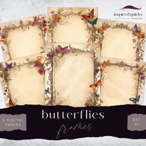 Butterflies And Flowers Border Pages, Floral Frame, Junk Journal Paper, 6 Digital Collage Sheet, Paper Craft, Scrapbooking Meadow Background