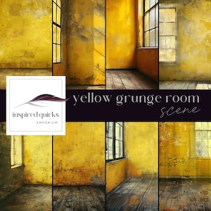 Cenário de estúdio grunge amarelo, fundo digital de parede antiga, sobreposição urbana, textura de Photoshop, ilustração de sala abandonada, Junk Journal JPG