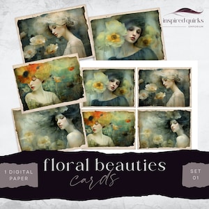 Lot de cartes pour carnet portrait floral, éphémères belle femme, téléchargement numérique, créations en papier imprimable fleurs, feuille de collage 11 x 8,5