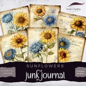 Sunflower Junk Journal Digital, Spring Garden Vintage Pages, 6 Digital Journal Paper, Vintage Floral Ephemera Craft, Collage Sheet 8.5 x 11