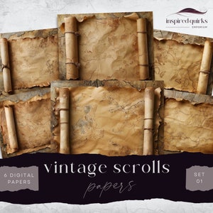 Vintage Map Scrolls Pages, 6 Digital Journal Paper, Printable Ephemera, Paper Craft, Scrapbooking Backgrounds, Worn Journal Backdrop
