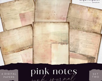 Papel de notas rosa pastel para diario basura, páginas de papelería, 6 hojas de papel para diario digital, manualidades vintage imprimibles, hoja de collage para álbum de recortes de 8,5 x 11 pulgadas