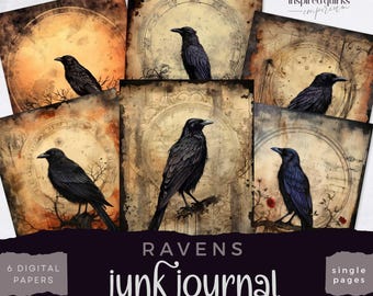 Diario basura Raven, cuervo vintage, 6 hojas de diario digital, efímera nocturna gótica imprimible, manualidad de papel, hoja de collage de mirlo (8,5 x 11)