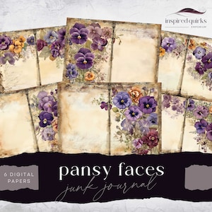 Pansy Junk Journal, papéis vintage de amores-perfeitos, 6 páginas de diário digital, artesanato em papel para impressão de coisas efêmeras de jardim, folha de colagem de jardim 11 x 8,5