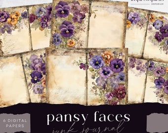 Pansy Junk Journal, Vintage Pansies Papers, 6 Digital Journal Page, Printable Garden Ephemera Paper Craft, Garden Collage Sheet 11 x 8.5