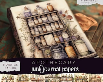 Vintage Apothecary Junk Journal Pages, 8 Digital Journal Paper, Book Printable Ephemera, Herb Bottles Scrapbooking, Potions Collage Pages