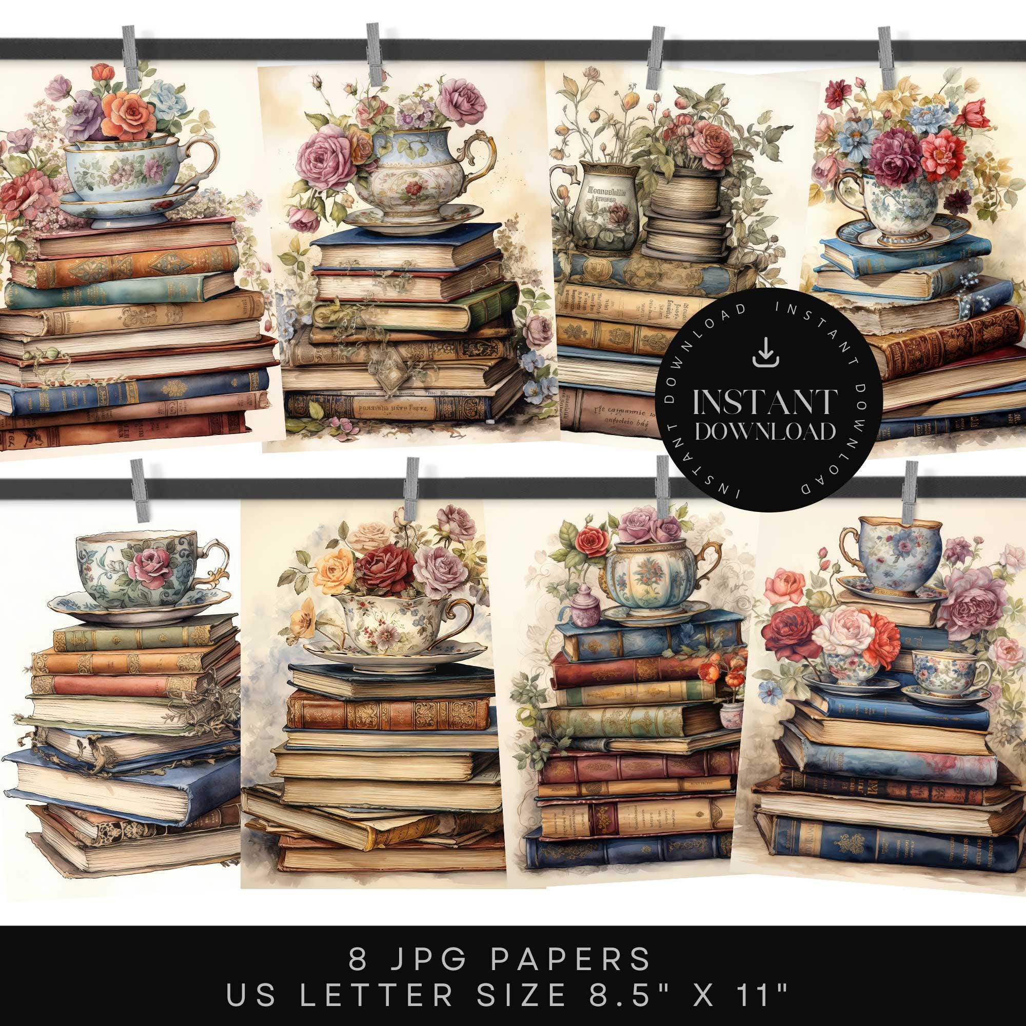 Flower Book Pile Junk Journal Pages, Digital Journal Paper, Vintage Tea ...