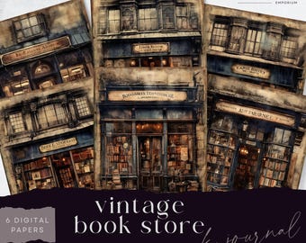 Vintage Book Shop Junk Journal Paper, rustieke bibliotheekachtergrond, 6 digitale dagboekpagina's, afdrukbare Ephemera Paper Craft, collagevel 8,5 x 11
