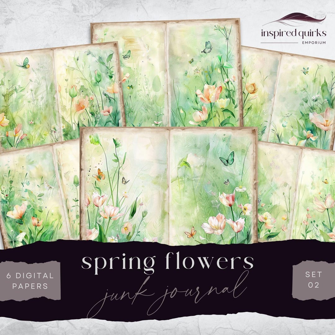 Spring Garden Junk Journal Pages, Green Vintage Floral, 6 Digital ...