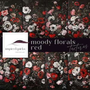 Stimmungsvolle Blumentexturen, Blumenpapiere, digitale Hochzeitseinladungsgrafiken, Mohnblumen-Junk-Journalseite, dunkle Gotik-Einladungsillustrationen