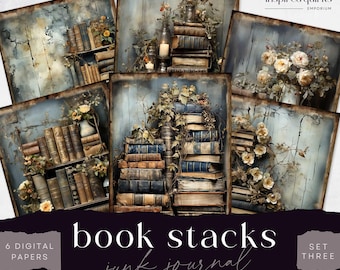 Boeken en bloemen ongewenste dagboekpagina, stapel bibliotheekboeken, 6 digitaal dagboekpapier, afdrukbaar bibliotheekkunstwerk, vintage collagevel 8,5 x 11